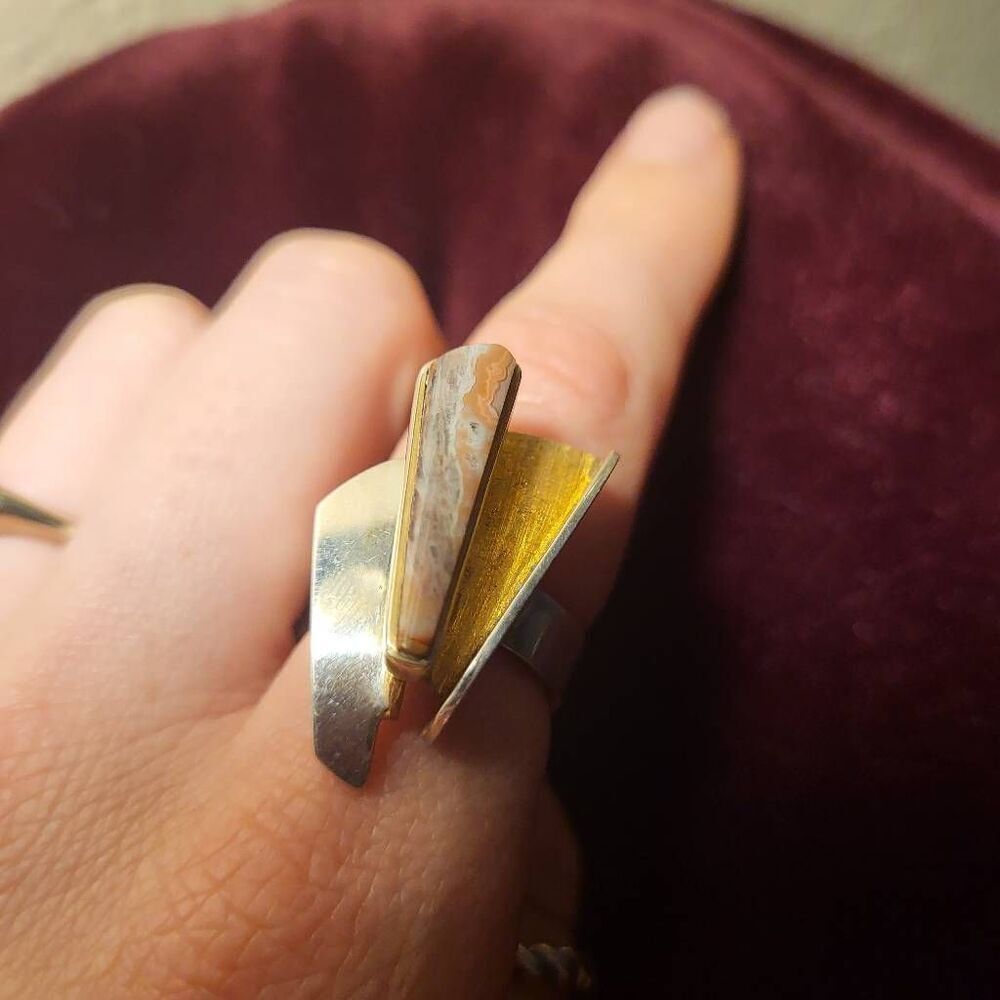 Artisan Made Abstract Geometric Unique Sterling Silver with Vermeil and Lace Aga
